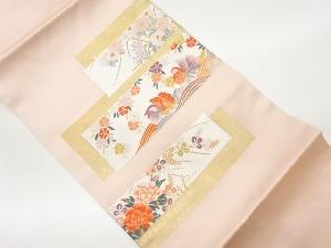 リサイクル　変わり横段に鴛鴦・草花模様織出し名古屋帯